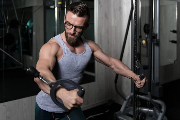 Handsome Muscular Fitness Bodybuilder Doing Heavy Weight Exercise Chest Machine — Stock Photo, Image