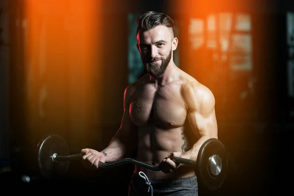 Muscular Man Doing Heavy Weight Exercise Biceps Barbell Gym — Stock Photo, Image