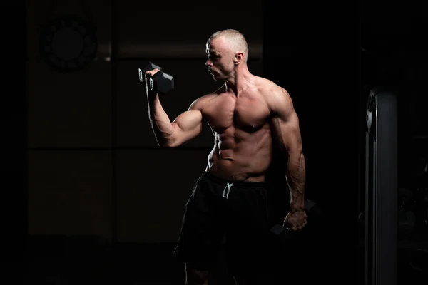 Atleta Che Lavora Fuori Bicipiti Una Palestra Dumbbell Concentration Curls — Foto Stock