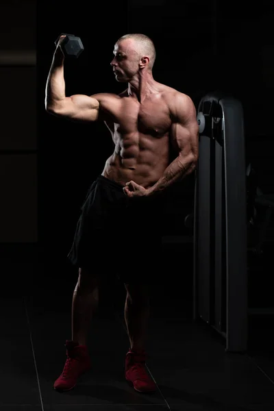 Athlete Working Out Biceps Gym Dumbbell Concentration Curls — Stock Photo, Image