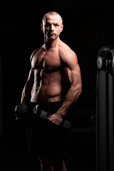 Atleta Ejercitando Bíceps Gimnasio Dumbbell Concentration Curls —  Fotos de Stock
