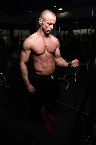 Muscular Fitness Bodybuilder Wykonywanie Ciężkich Ćwiczeń Triceps Maszynie Kablem Siłowni — Zdjęcie stockowe