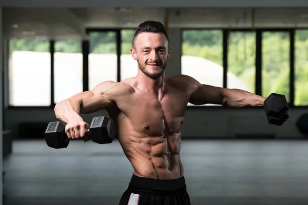 Homme Travaillant Sur Les Épaules Dans Une Salle Gym Boucles — Photo