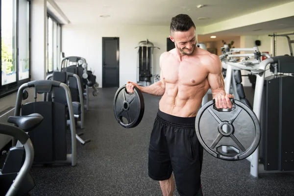 Portrait Physically Young Man Holding Weights Hand — Stock Photo, Image