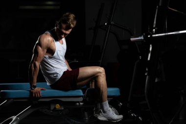 Yakışıklı ve çekici bir genç adam. Vücut kasları spor salonunda dinleniyor.