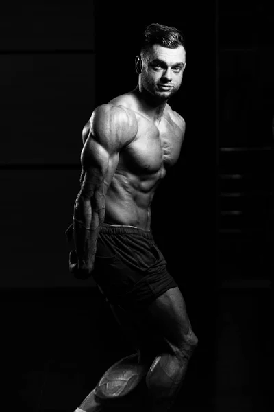 Handsome Young Man Standing Strong Gym Flexing Muscles Muscular Athletic — Stock Photo, Image