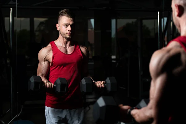 Athlete Working Out Biceps Gym Dumbbell Concentration Curls — Stock Photo, Image