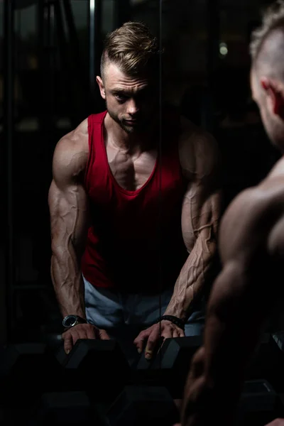 Handsome Young Man Standing Strong Gym Flexing Muscles Muscular Athletic — Stok Foto