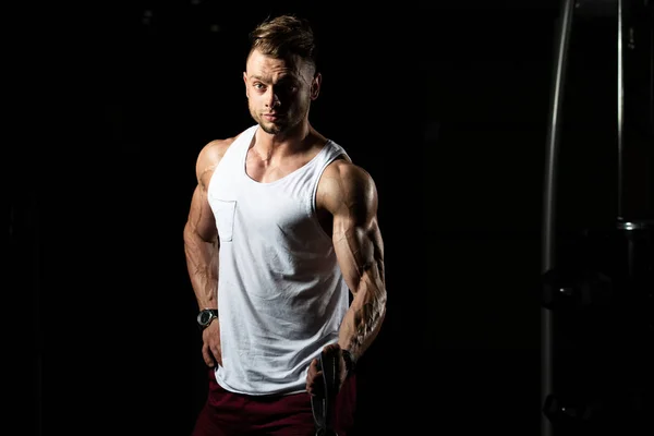 Handsome Muscular Fitness Bodybuilder Undershirt Doing Heavy Weight Exercise Biceps — Stock Photo, Image