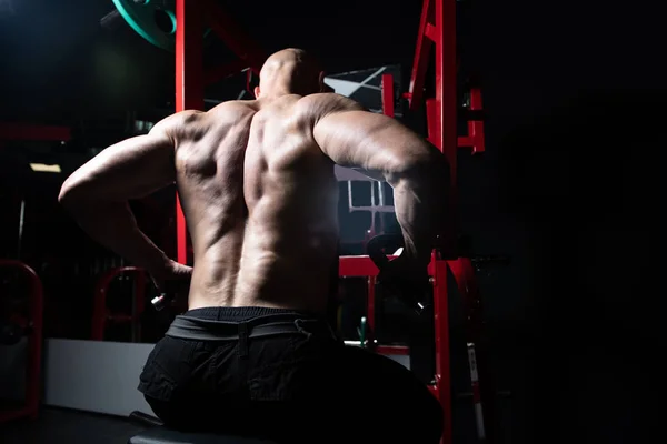 Culturista haciendo ejercicio de vuelta en el gimnasio — Foto de Stock