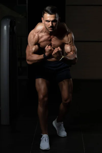 Muscular Man Flexing Muscles In Gym