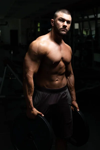 Bodybuilder Holding Weights In Hand