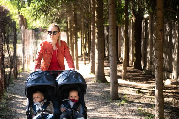 Gelukkig Jong Moeder Met Baby Buggy Wandelen Zoo Park — Stockfoto