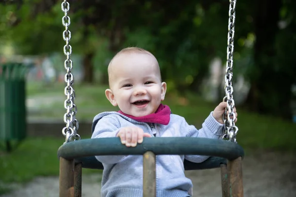 Glücklich Lachende Kleinkinder Die Spaß Auf Einer Schaukel Haben Und — Stockfoto