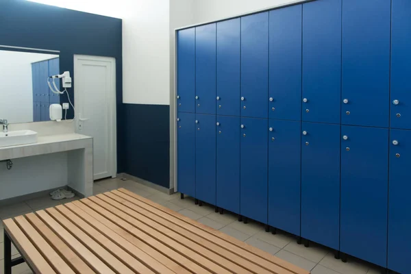 Modern Interior Of A Blue Locker Changing Room In Fitness Center Gym