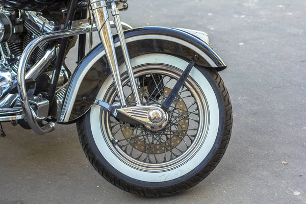 Chopper motorcycle forward tyre wheel. Retro style. Stock Picture