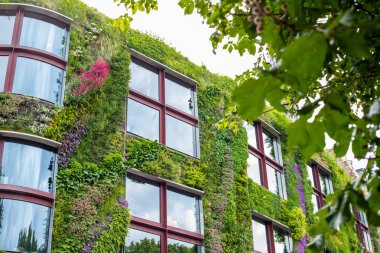 Yeşil ev. Bina yeşillik ve çiçeklerle dekore edilmiştir. Yaşamak için çevre dostu bir yer. Greenpeace Cenneti