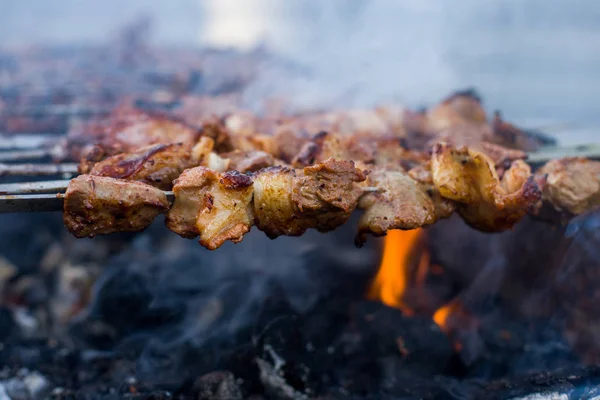 Szaszłyk lub szyszłyk przygotowujący się na grillu nad węglem drzewnym. Grillowane kostki mięsa wieprzowego na metalowym szpikulcu. Mięso na szaszłykach jest pieczone w ogniu — Zdjęcie stockowe