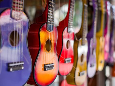 Çok renkli gitarlar. Farklı renklerde küçük gitarlar. Resim açık diyafram açıklığı yla çekilmiş. Odak bir gitar geri kalanı bulanık.