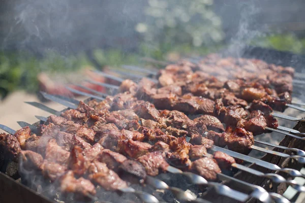 Mięso z dymem na grilla na węgiel drzewny. Grillowane kostki mięsa na szpikulca metalowego. Mięso na szaszłek jest palone w ogniu — Zdjęcie stockowe