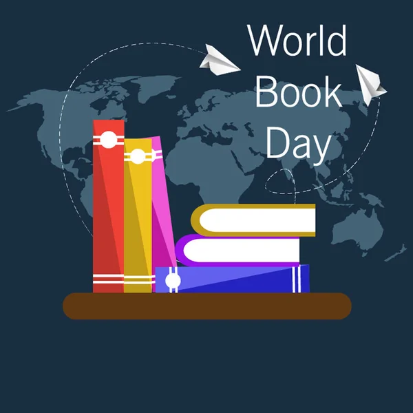 Imprima o Dia Mundial do Livro com saudações de fundo do mapa mundial — Vetor de Stock