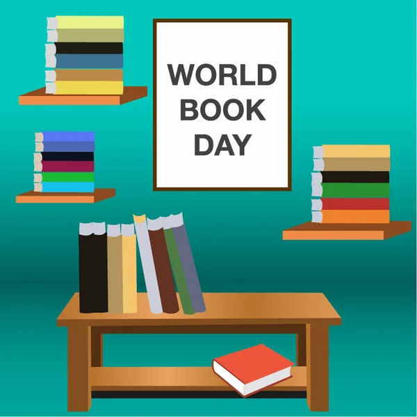 Друк Всесвітній день книги Побажання з книгами та полицею — стоковий вектор