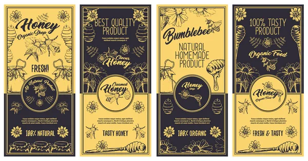 Logodesigns Für Verpackungen Mit Waben Bienen Und Löffeln Skizzieren — Stockvektor