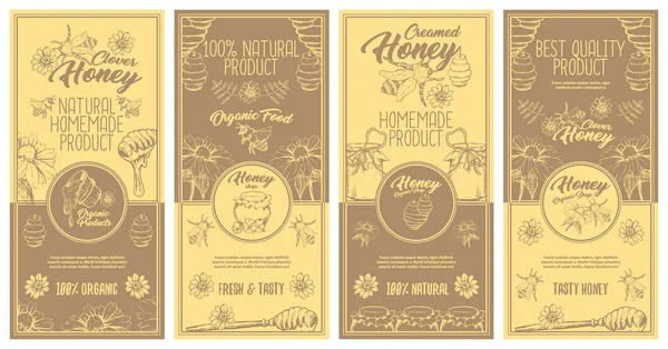 用蜂窝 蜜蜂和勺子包装的素描标志设计 — 图库矢量图片