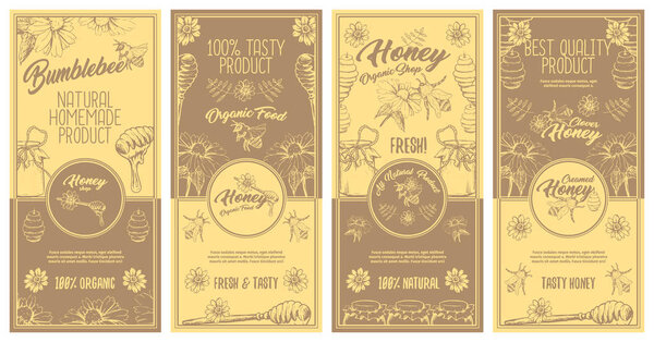 Sketch Logo Designs for Packaging with Honeycombs, bees and spoons.
