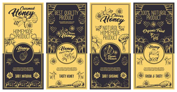 Ескіз Дизайн Логотипу Упаковки Медоносцями Бджолами Ложками — стоковий вектор