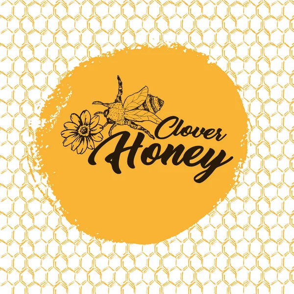 Abeja Miel Diseño Logotipo Boceto Con Patrón Panal — Vector de stock