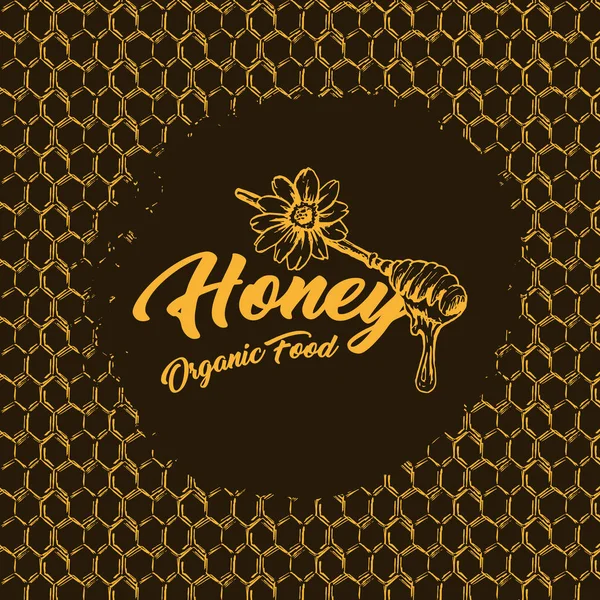 Honey Bee Projektowanie Logo Szkic Strukturę Plastra Miodu — Wektor stockowy
