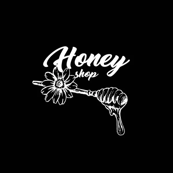 Miellerie Lettrage Blanc Avec Fleur Cuillère Miel Sur Fond Noir — Image vectorielle