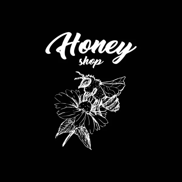 黒地に花の上に座って蜂の蜂蜜ショップ白いレタリング — ストックベクタ