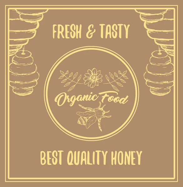 Honey Bee Plakat Logo Okrąg Szkicu Elementów Strukturze Plastra Miodu — Wektor stockowy