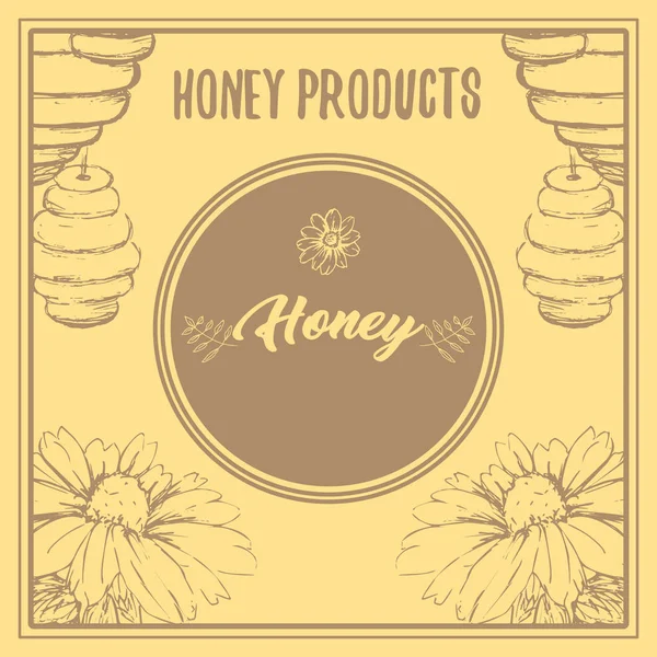 Honey Bee Plakat Logo Okrąg Szkicu Elementów Strukturze Plastra Miodu — Wektor stockowy