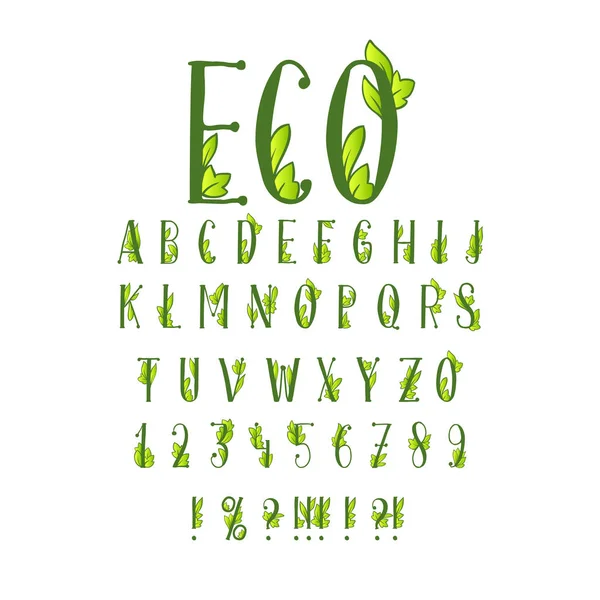 Green Doodling Eco Alphabet Letters Set Typeset Leaves — Stock Vector