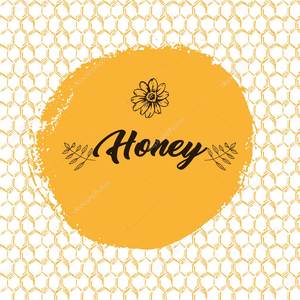 Honey Bee, Sketch Logo Design with Honeycomb Pattern