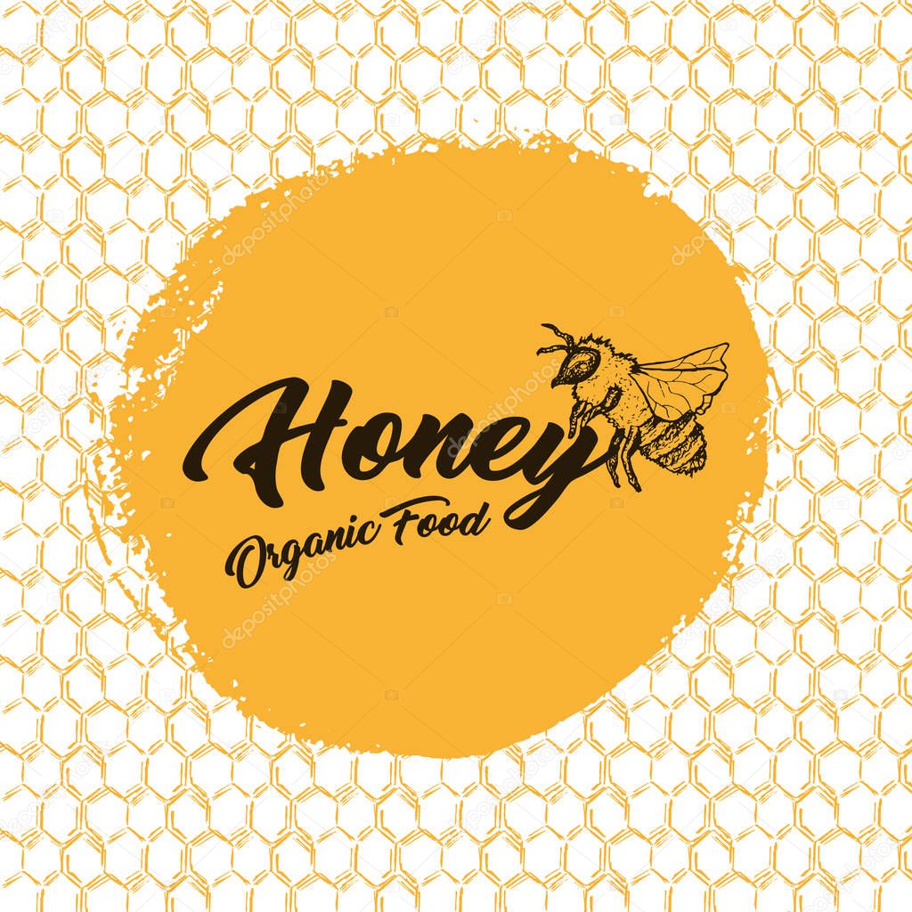 Honey Bee, Sketch Logo Design with Honeycomb Pattern