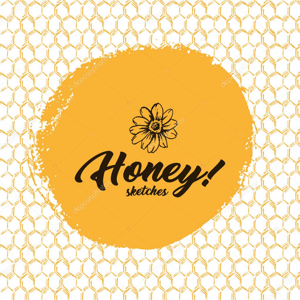 Honey Bee, Sketch Logo Design with Honeycomb Pattern