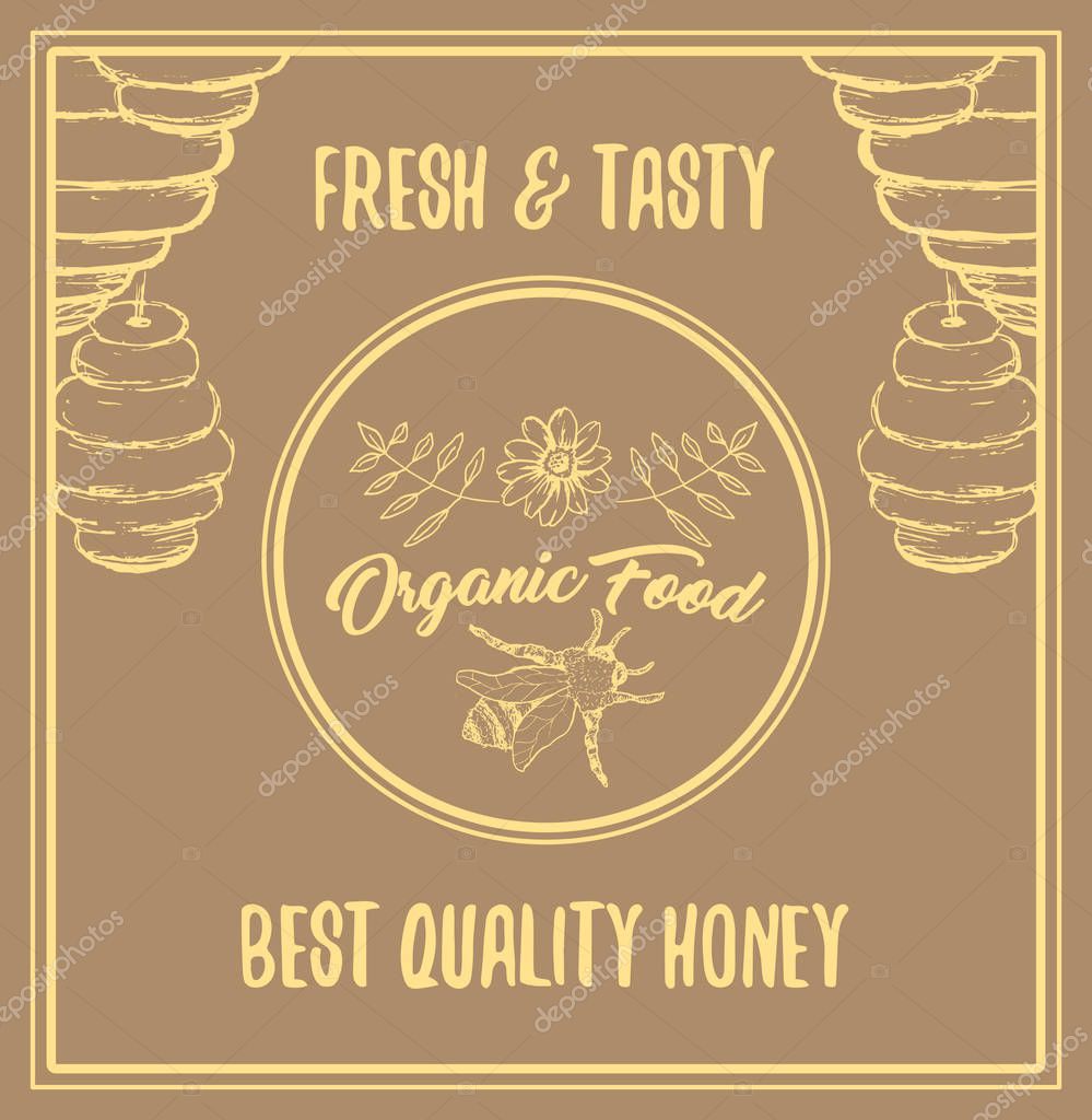 Honey Bee Poster with Sketch Circle Logo and Honeycomb Elements