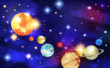 Güneş, Merkür ve Venüs, dünya ve Mars, Jüpiter ve Satürn, Uranüs ve Neptün uzayda güneş sistemiyle