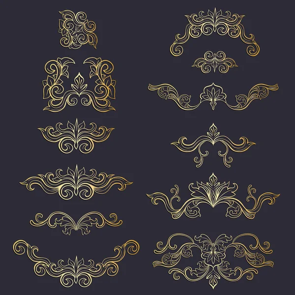 Ensemble Éléments Décoratifs Dorés Dans Style Baroque Italien Florissant — Image vectorielle