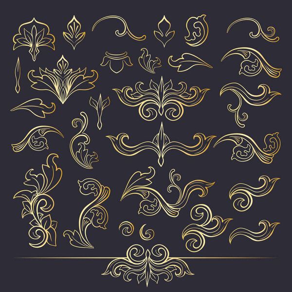 Set of golden decorative elements in Italian flourish baroque style