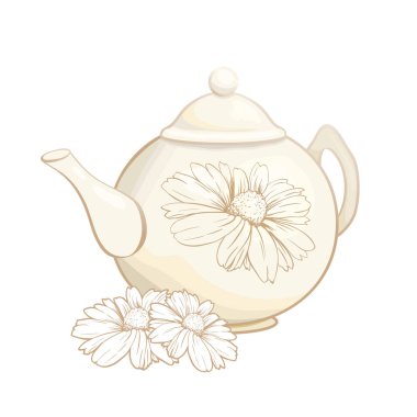 Porselen veya seramik çaydanlık hizmet. Nane çay yaprakları ve papatya çiçeği. Yeşil çay bardağı. İzole ve bitkisel tedavi vektör çizim ayrıntılı. Banner Tasarım, restoran menü, İngiliz kahvaltısı.