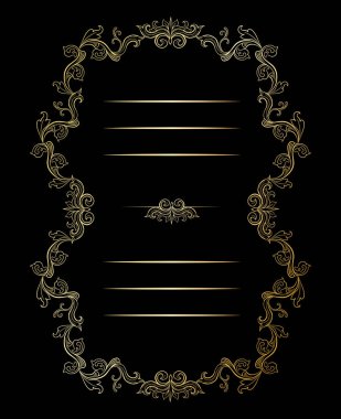 Altın çiçek kenarlık ve metin için yer ile çerçeve. Kopya alanı ve bölücüler veya süsleri. İtalyan altın antika süsleme. Düğün tebrik kartı, sertifika ve diploma izole. Bunun Başlık şablon