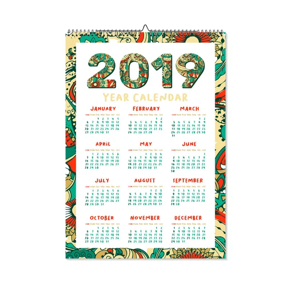 Ημερολόγιο Έτους 2019 Χριστούγεννα Ευτυχισμένο Νέο Έτος Διακοπές Σχεδιασμού Απομονωμένη — Διανυσματικό Αρχείο