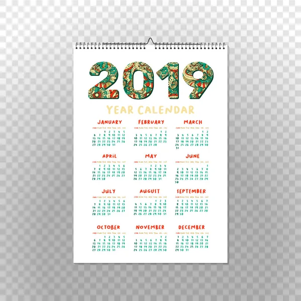 2019 Year Calendar Xmas Happy New Year Holiday Design Isolated — Stock Vector