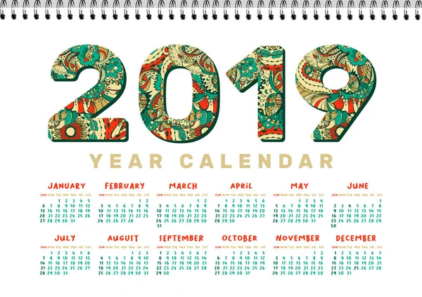 2019 Desk Calendar Modelo Impressão Vector Horizontal White Números Doodles — Vetor de Stock