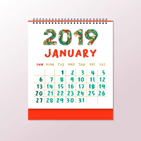 Calendario Escritorio 2019 Vector Horizontal Plantilla Imprimible Blanco Números Coloridos — Vector de stock